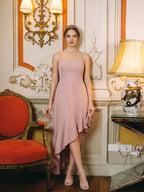 Coquette Dusty Rose Chiffon A-Line Straight Neck Asymmetrical Bridesmaid Dress with Minimalist Design - Curvevia