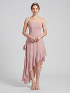 Coquette Dusty Rose Chiffon A-Line Straight Neck Asymmetrical Bridesmaid Dress with Minimalist Design - Curvevia