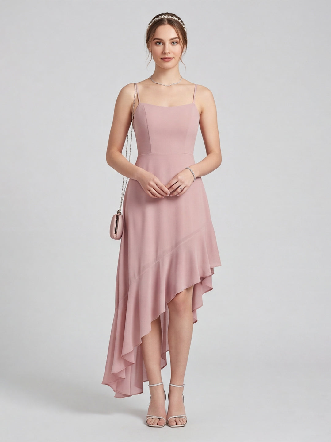 Coquette Dusty Rose Chiffon A-Line Straight Neck Asymmetrical Bridesmaid Dress with Minimalist Design - Curvevia