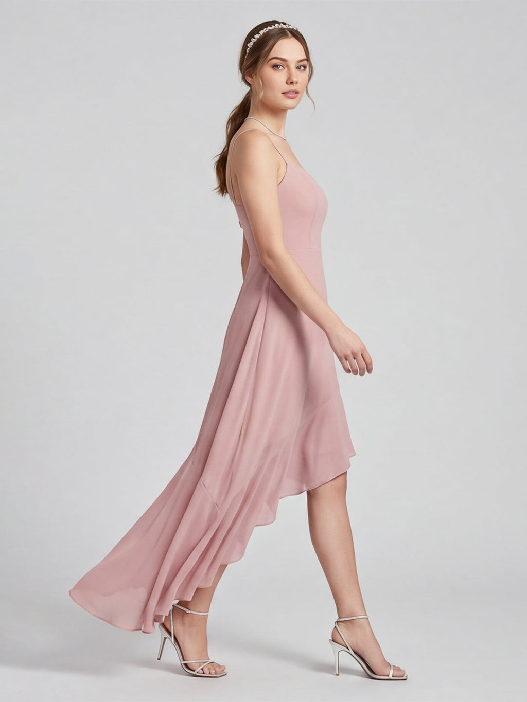 Coquette Dusty Rose Chiffon A-Line Straight Neck Asymmetrical Bridesmaid Dress with Minimalist Design - Curvevia