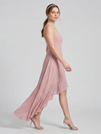 Coquette Dusty Rose Chiffon A-Line Straight Neck Asymmetrical Bridesmaid Dress with Minimalist Design - Curvevia