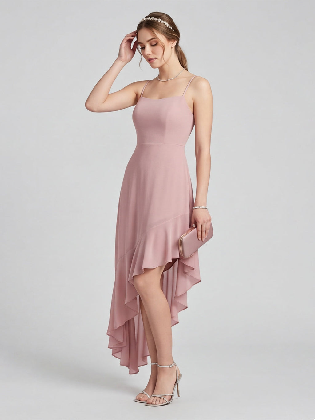 Coquette Dusty Rose Chiffon A-Line Straight Neck Asymmetrical Bridesmaid Dress with Minimalist Design - Curvevia