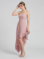 Coquette Dusty Rose Chiffon A-Line Straight Neck Asymmetrical Bridesmaid Dress with Minimalist Design - Curvevia