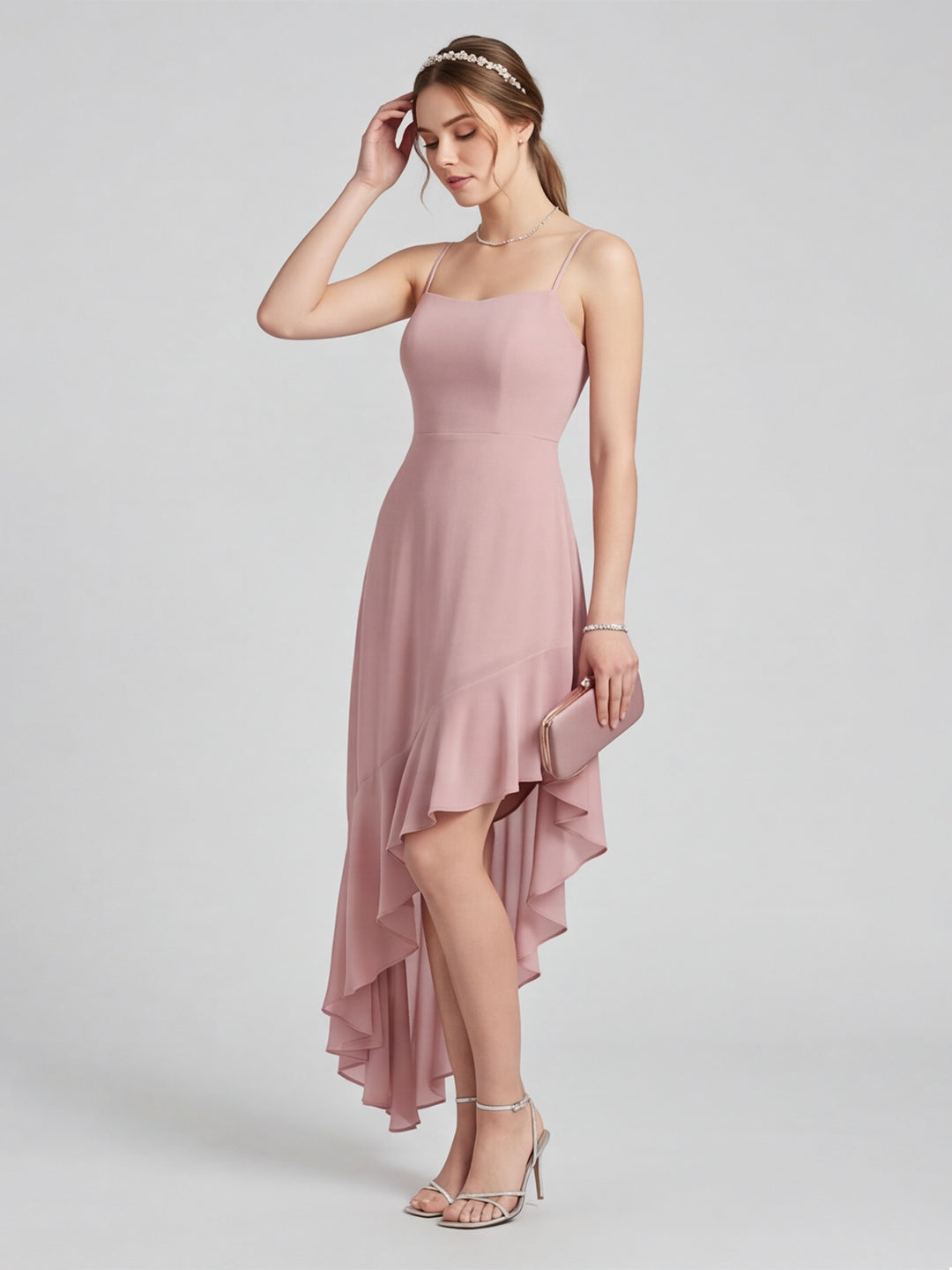 Coquette Dusty Rose Chiffon A-Line Straight Neck Asymmetrical Bridesmaid Dress with Minimalist Design - Curvevia
