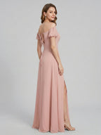 Coquette Dusty Rose Chiffon A-Line Straight Neck Back Zip Ankle-Length Bridesmaid Dress - Curvevia