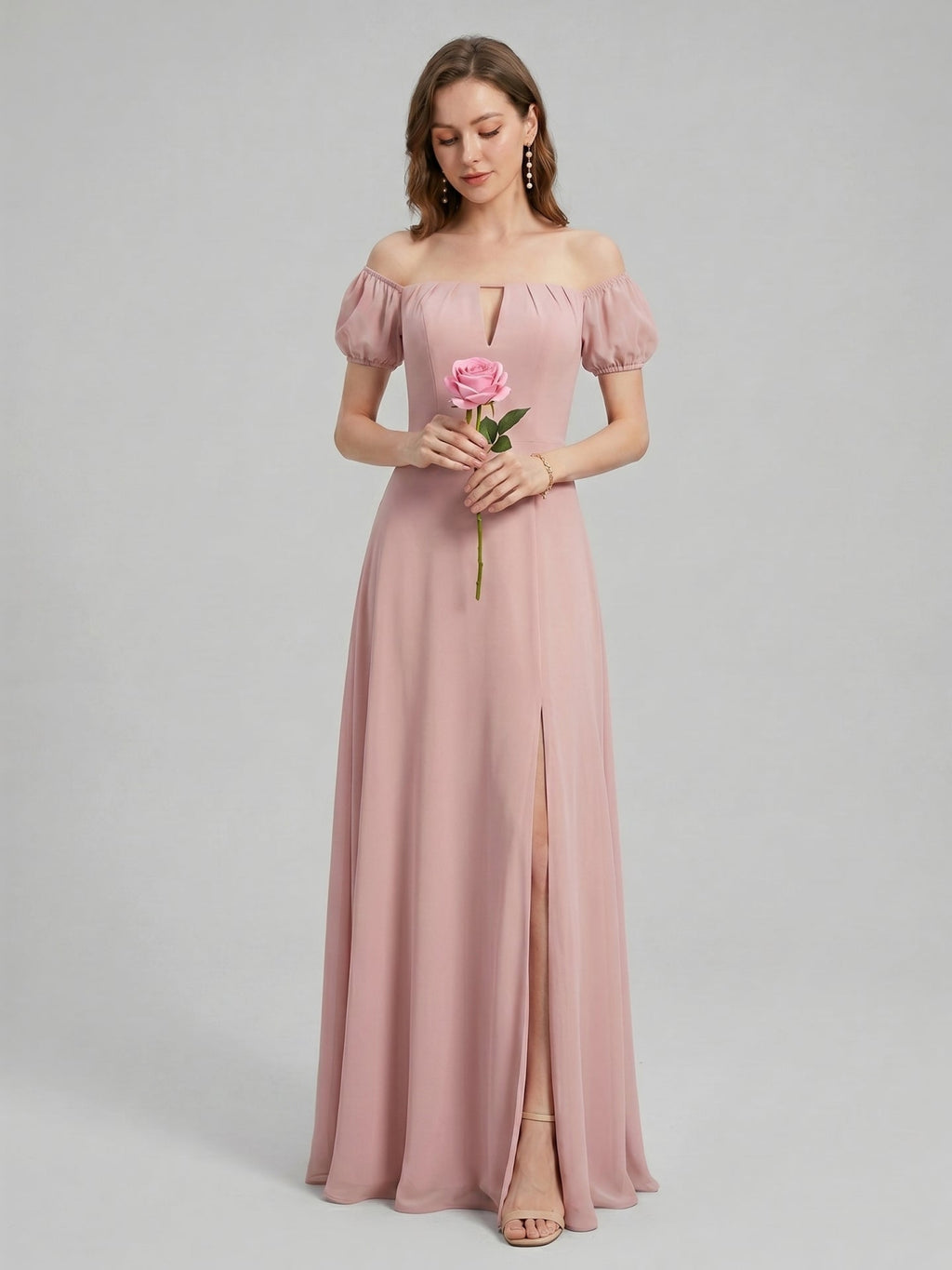 Coquette Dusty Rose Chiffon A-Line Straight Neck Back Zip Ankle-Length Bridesmaid Dress - Curvevia