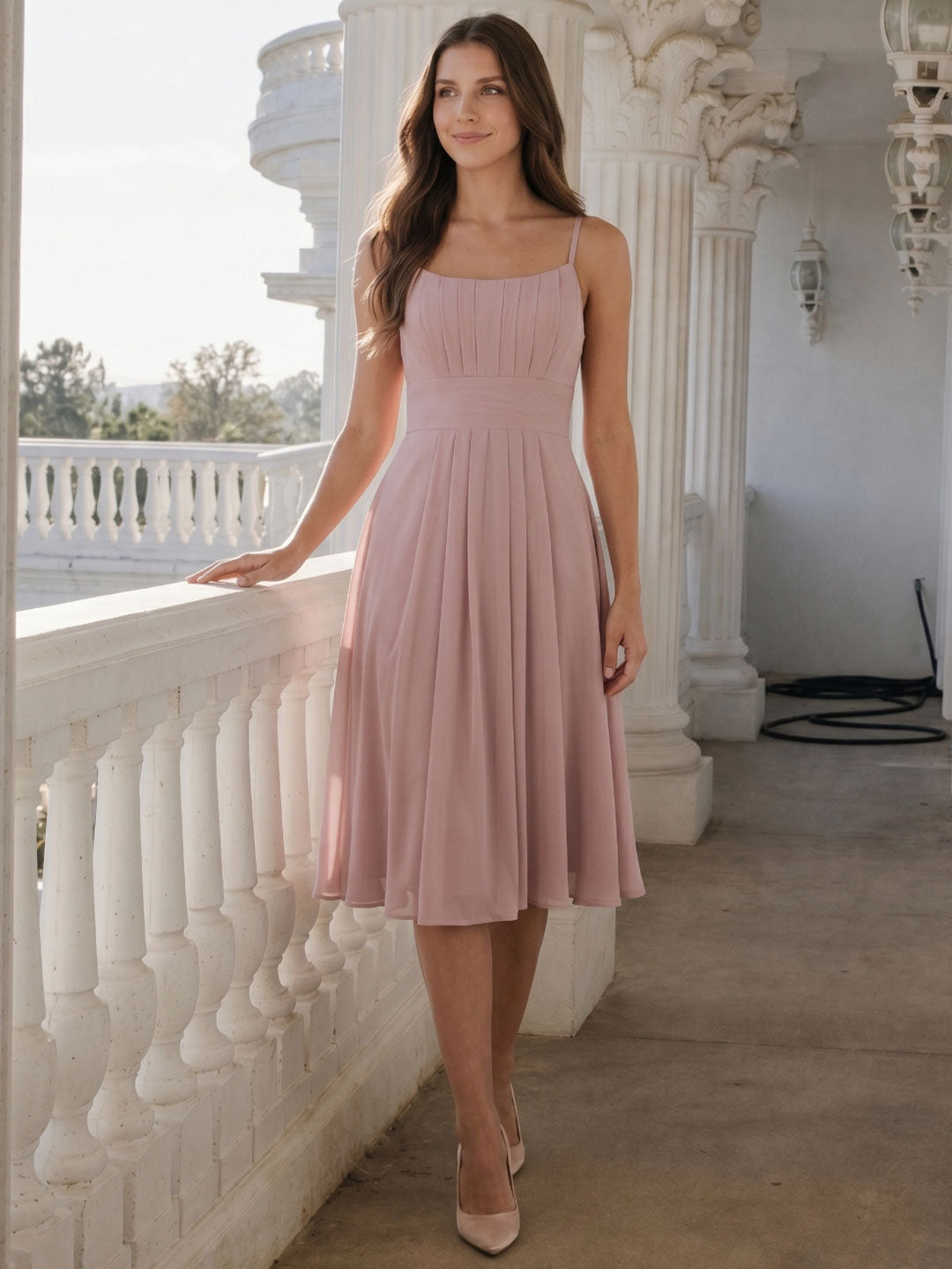 Coquette Dusty Rose Chiffon A-Line Straight Neck Back Zip with nan Knee-Length Bridesmaid Dress - Curvevia