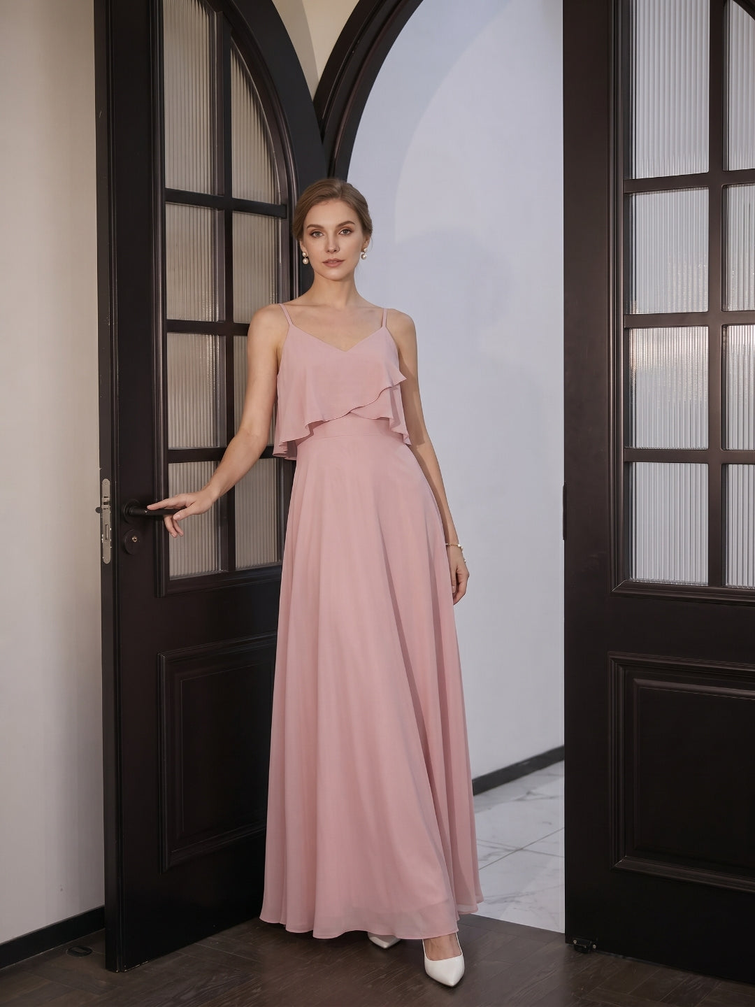 Coquette Dusty Rose Chiffon A-Line V-Neck Back Zip with Ruffle Ankle-Length Bridesmaid Dress - Curvevia
