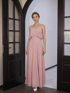 Coquette Dusty Rose Chiffon A-Line V-Neck Back Zip with Ruffle Ankle-Length Bridesmaid Dress - Curvevia