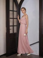 Coquette Dusty Rose Chiffon A-Line V-Neck Back Zip with Ruffle Ankle-Length Bridesmaid Dress - Curvevia