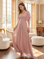 Coquette Dusty Rose Chiffon A-Line V-Neck V-Back Ankle-Length Bridesmaid Dress - Curvevia