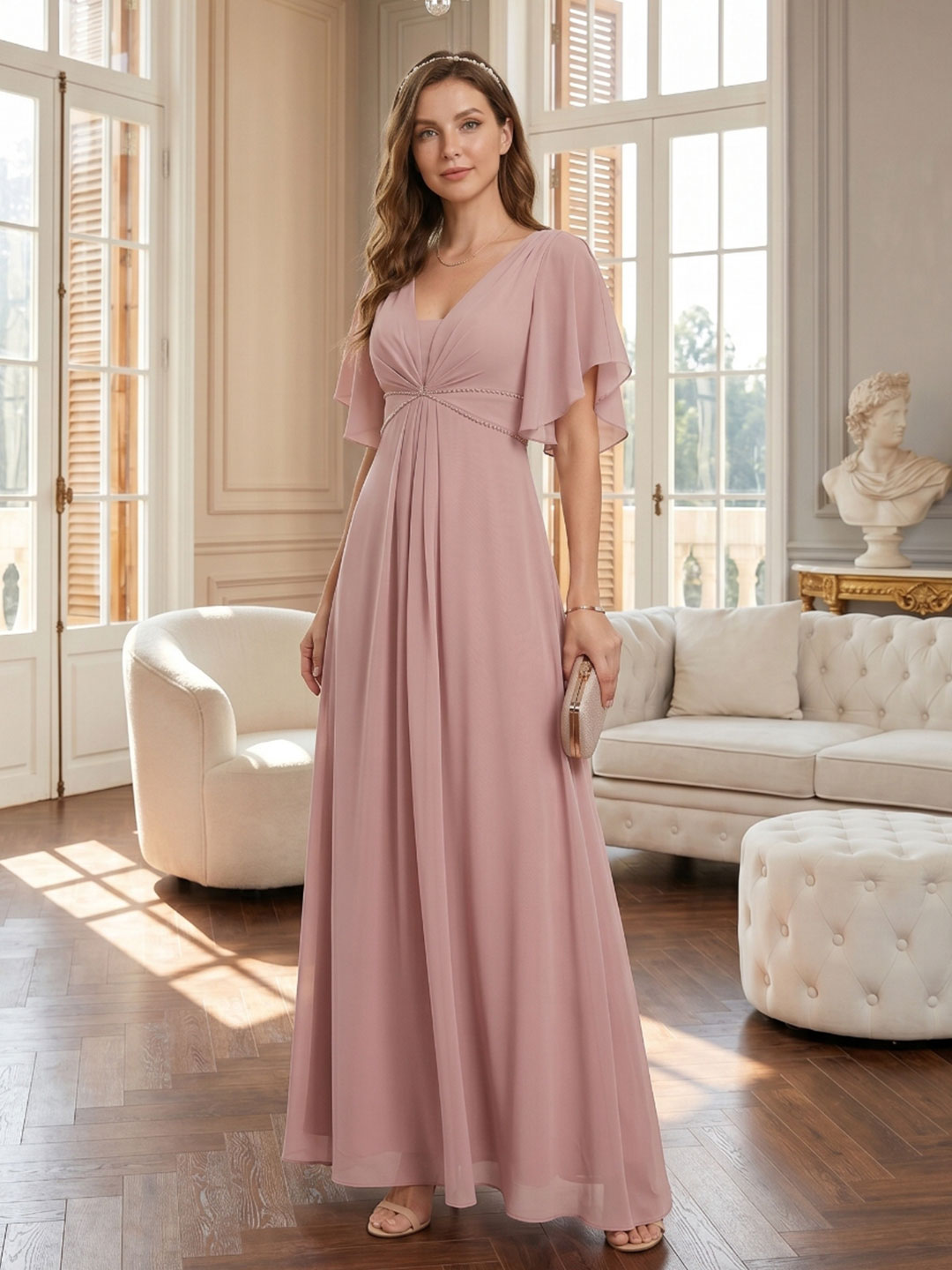 Coquette Dusty Rose Chiffon A-Line V-Neck V-Back Ankle-Length Bridesmaid Dress - Curvevia