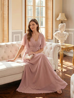 Coquette Dusty Rose Chiffon A-Line V-Neck V-Back Ankle-Length Bridesmaid Dress - Curvevia