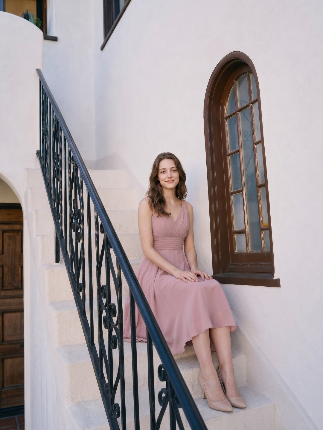 Coquette Dusty Rose Chiffon A-Line V-Neck V-Back with Knee-Length Bridesmaid Dress - Curvevia