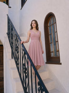 Coquette Dusty Rose Chiffon A-Line V-Neck V-Back with Knee-Length Bridesmaid Dress - Curvevia