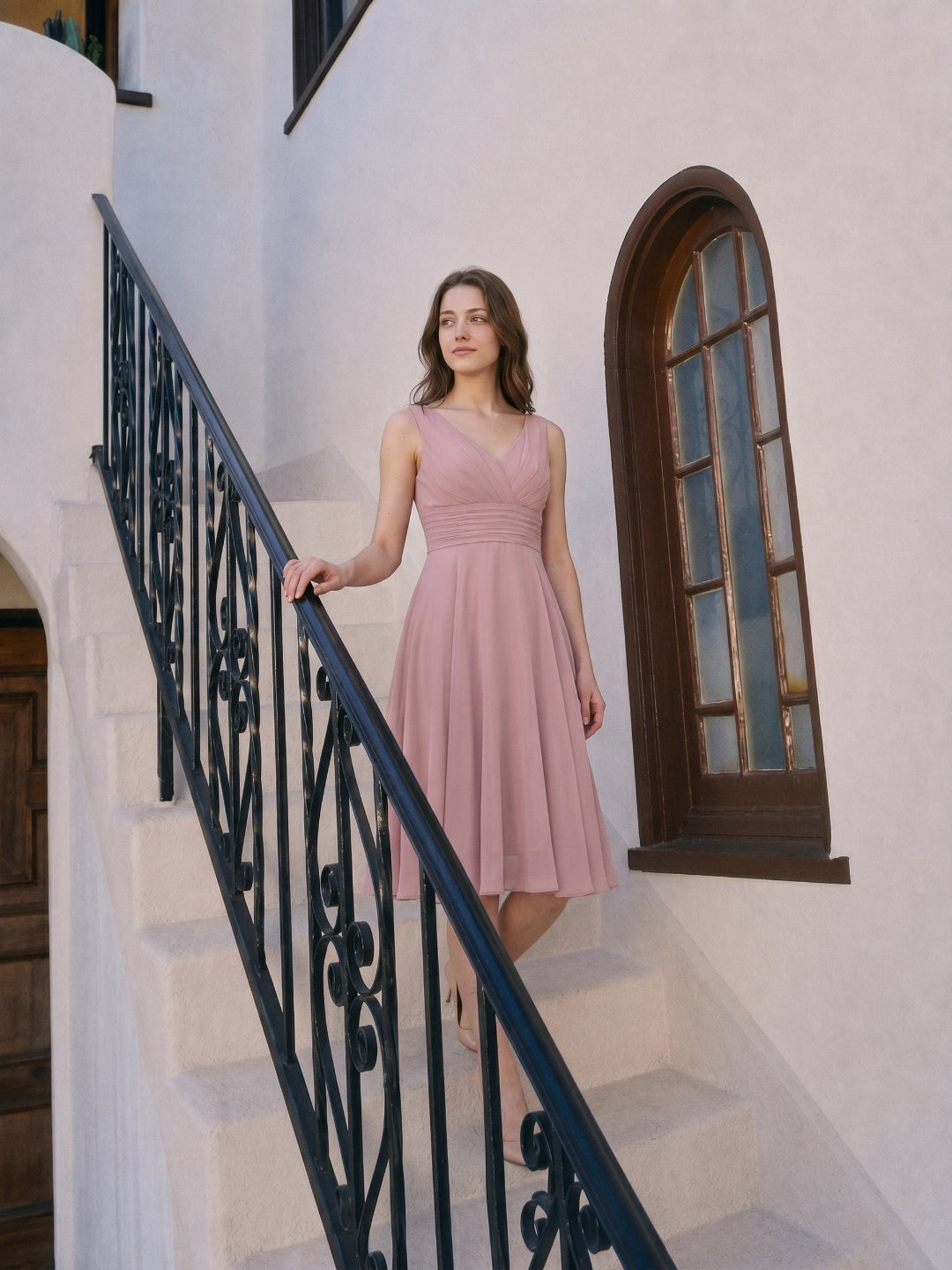 Coquette Dusty Rose Chiffon A-Line V-Neck V-Back with Knee-Length Bridesmaid Dress - Curvevia