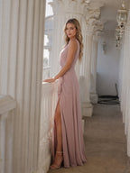 Coquette Dusty Rose Chiffon A-Line V-Neck V-Back with Sash Detail Ankle-Length Bridesmaid Dress - Curvevia
