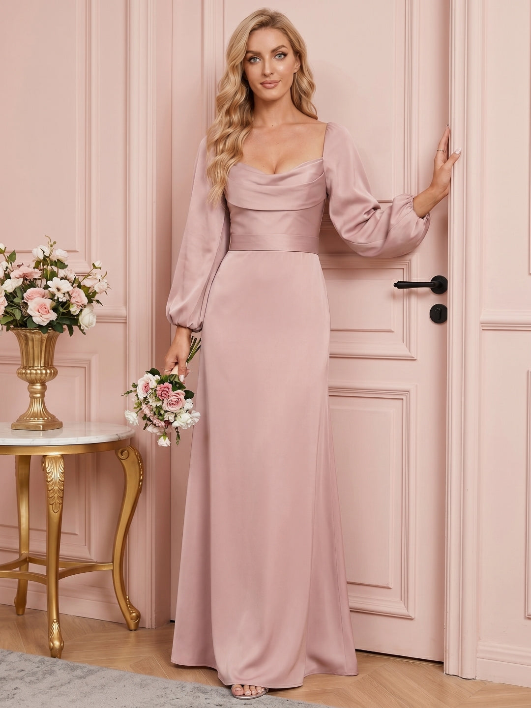Coquette Dusty Rose Matte Satin A-Line Square Neck Back Zip Ankle-Length Plus Size Bridesmaid Dress - Curvevia