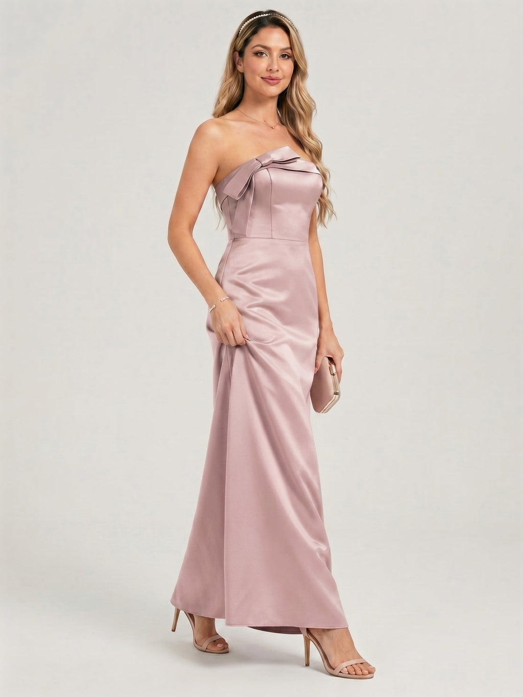 Coquette Dusty Rose Satin column Straight Neck Back Zip Ankle-Length Bridesmaid Dress - Curvevia