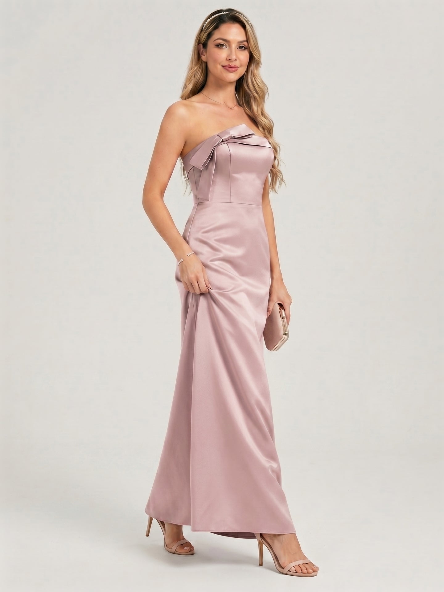Coquette Dusty Rose Satin column Straight Neck Back Zip Ankle-Length Bridesmaid Dress - Curvevia