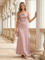 Coquette Dusty Rose Satin column Straight Neck Back Zip Ankle-Length Bridesmaid Dress - Curvevia