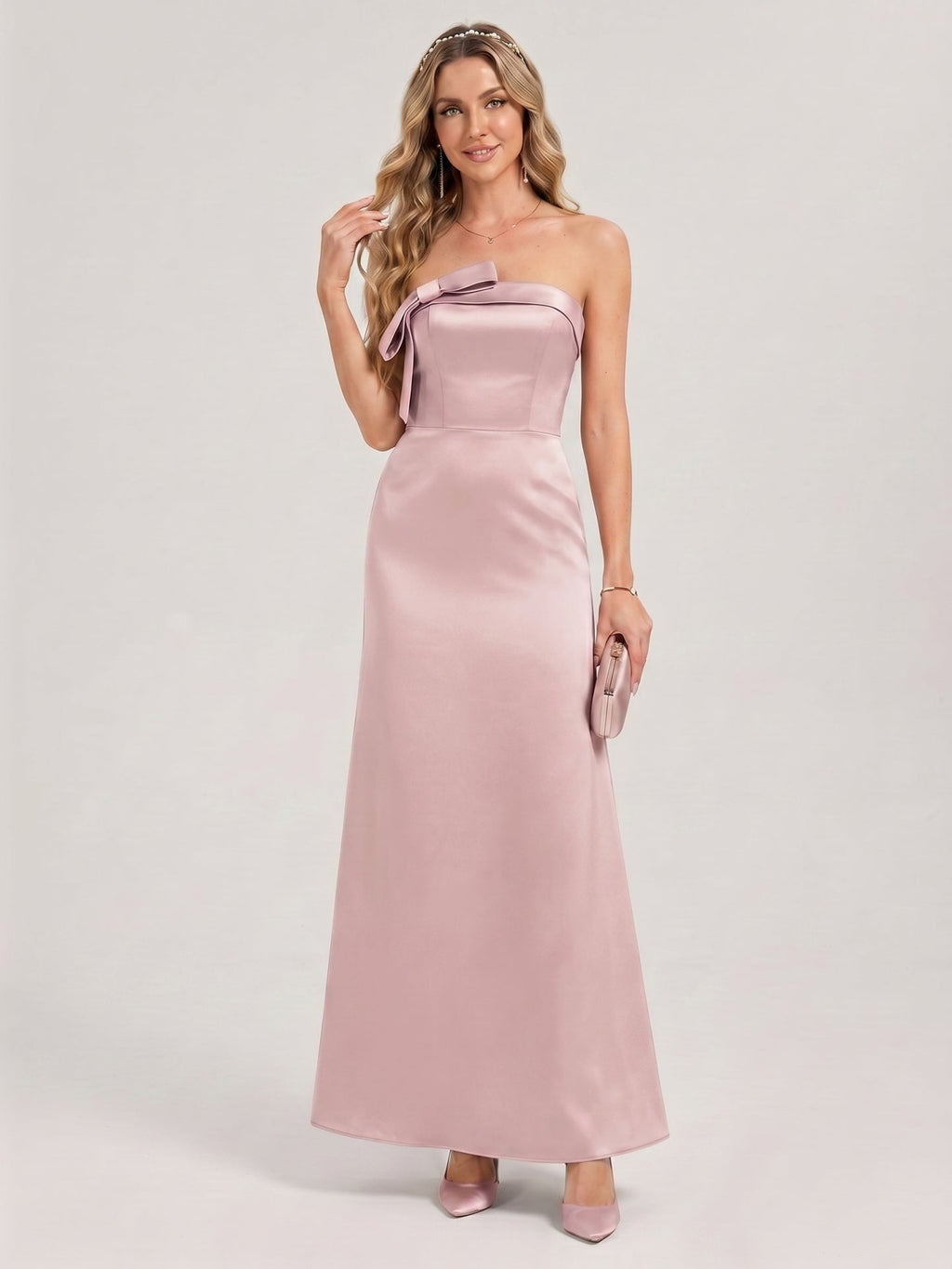 Coquette Dusty Rose Satin column Straight Neck Back Zip Ankle-Length Bridesmaid Dress - Curvevia