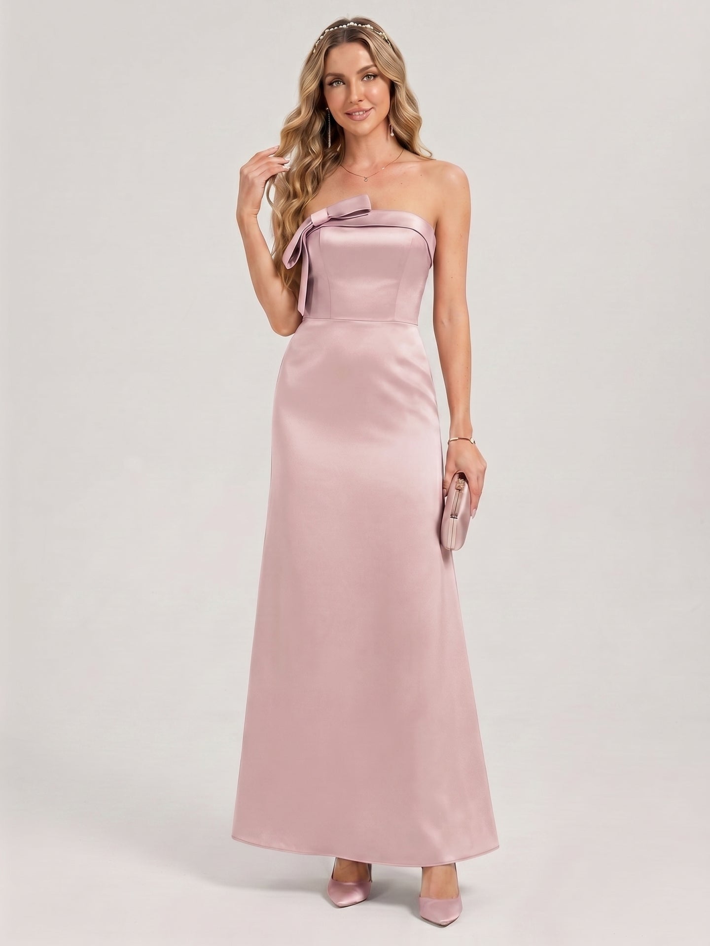 Coquette Dusty Rose Satin column Straight Neck Back Zip Ankle-Length Bridesmaid Dress - Curvevia