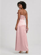 Coquette Dusty Rose Satin column Straight Neck Back Zip Ankle-Length Bridesmaid Dress - Curvevia