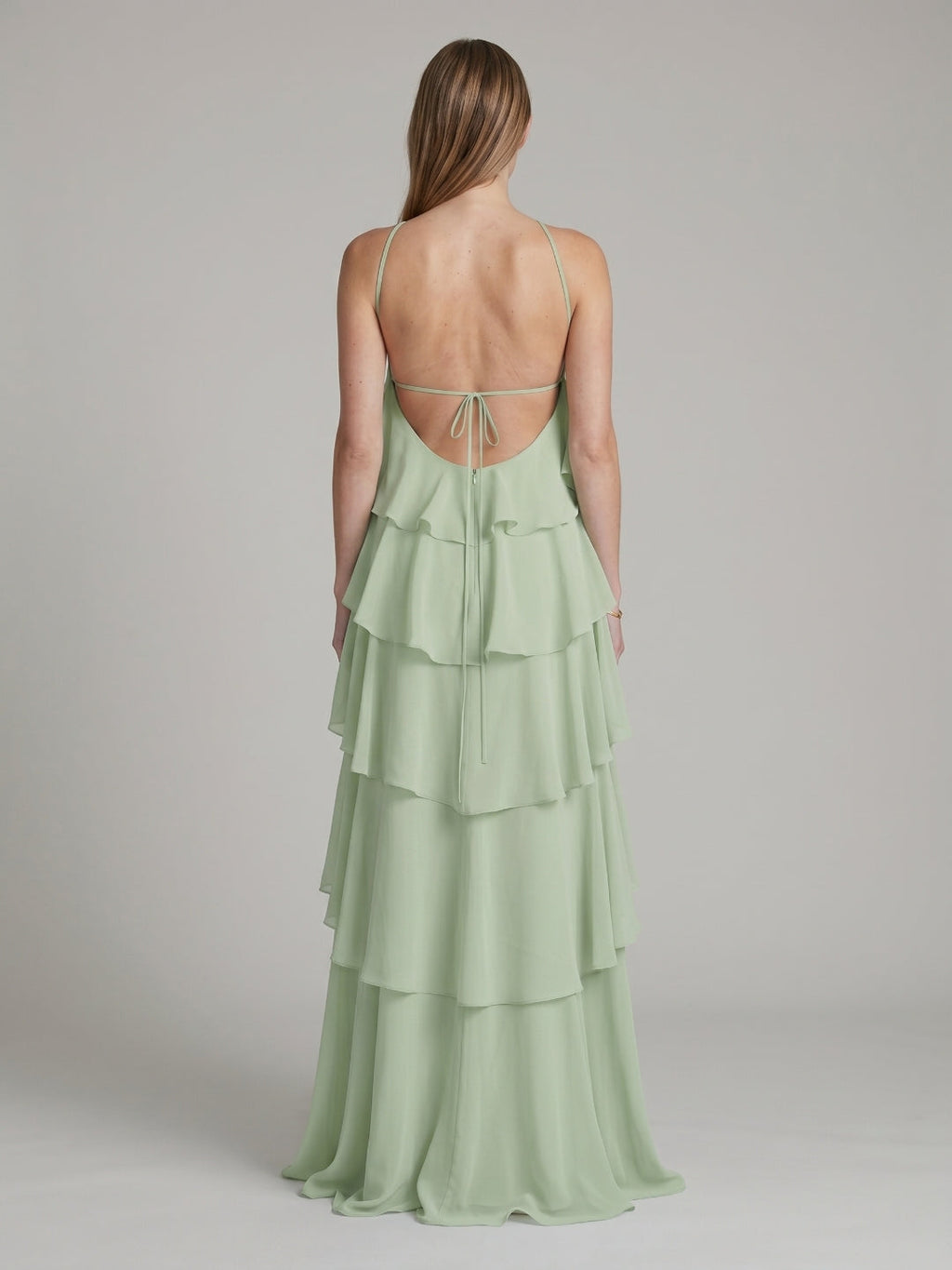 Coquette Dusty Sage Chiffon A-Line Halter neckline Backless with Cascading Ruffles Ankle-Length Bridesmaid Dress - Curvevia