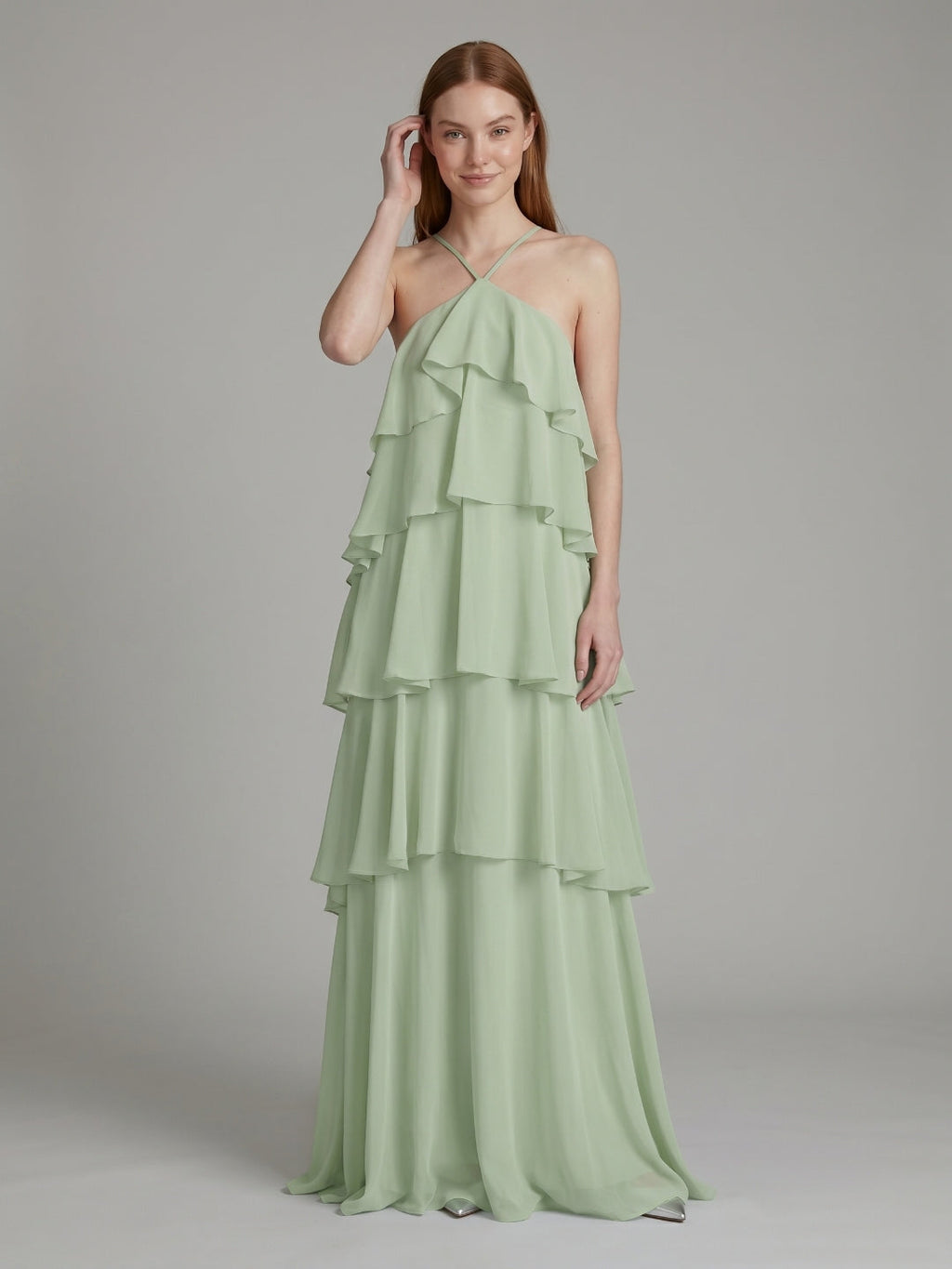 Coquette Dusty Sage Chiffon A-Line Halter neckline Backless with Cascading Ruffles Ankle-Length Bridesmaid Dress - Curvevia