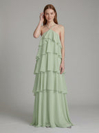 Coquette Dusty Sage Chiffon A-Line Halter neckline Backless with Cascading Ruffles Ankle-Length Bridesmaid Dress - Curvevia