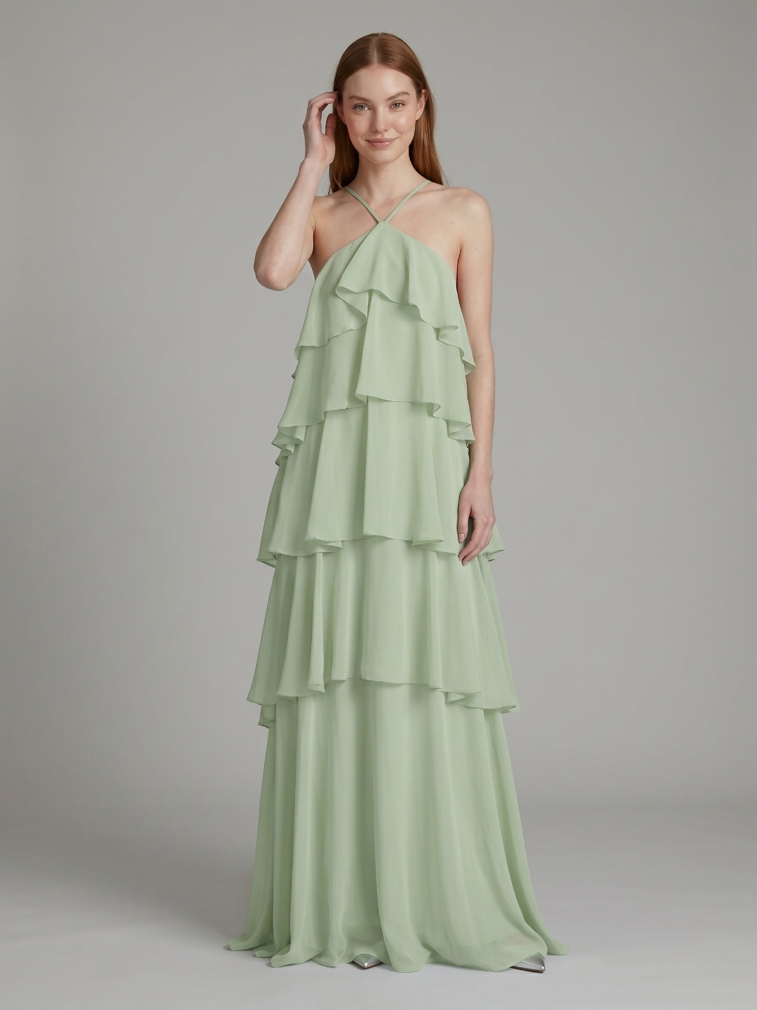 Coquette Dusty Sage Chiffon A-Line Halter neckline Backless with Cascading Ruffles Ankle-Length Bridesmaid Dress - Curvevia