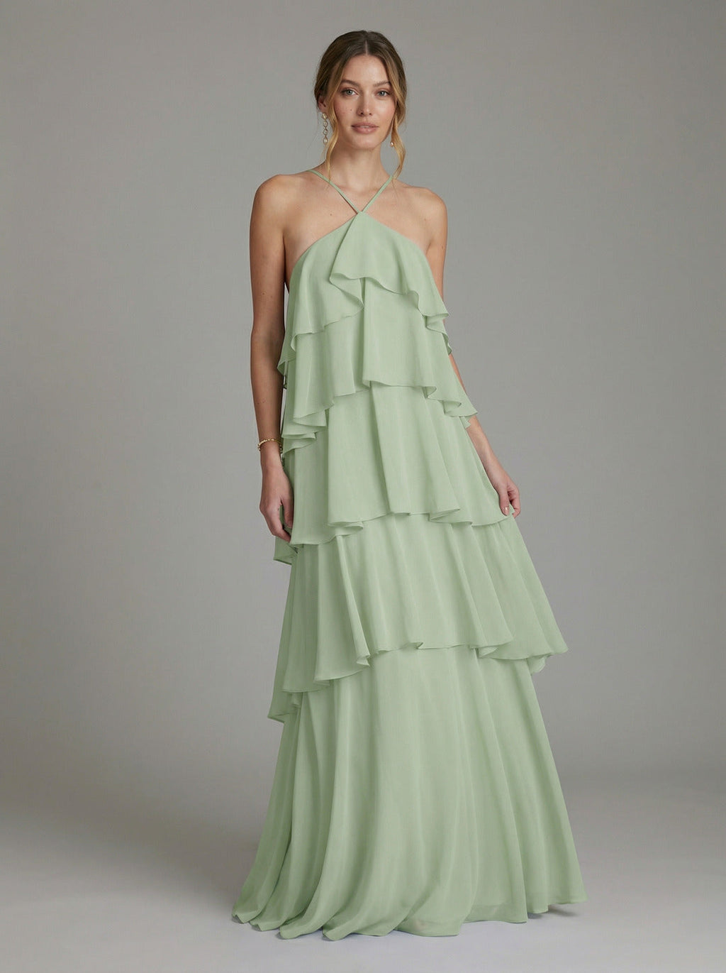 Coquette Dusty Sage Chiffon A-Line Halter neckline Backless with Cascading Ruffles Ankle-Length Bridesmaid Dress - Curvevia