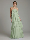 Coquette Dusty Sage Chiffon A-Line Halter neckline Backless with Cascading Ruffles Ankle-Length Bridesmaid Dress - Curvevia