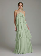 Coquette Dusty Sage Chiffon A-Line Halter neckline Backless with Cascading Ruffles Ankle-Length Bridesmaid Dress - Curvevia
