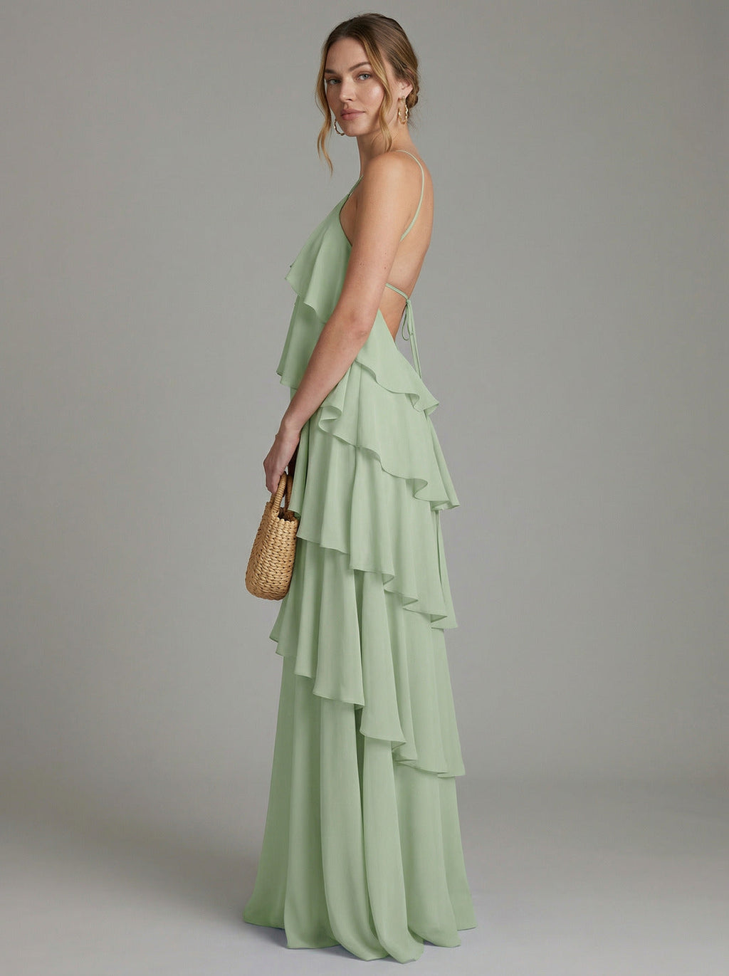 Coquette Dusty Sage Chiffon A-Line Halter neckline Backless with Cascading Ruffles Ankle-Length Bridesmaid Dress - Curvevia
