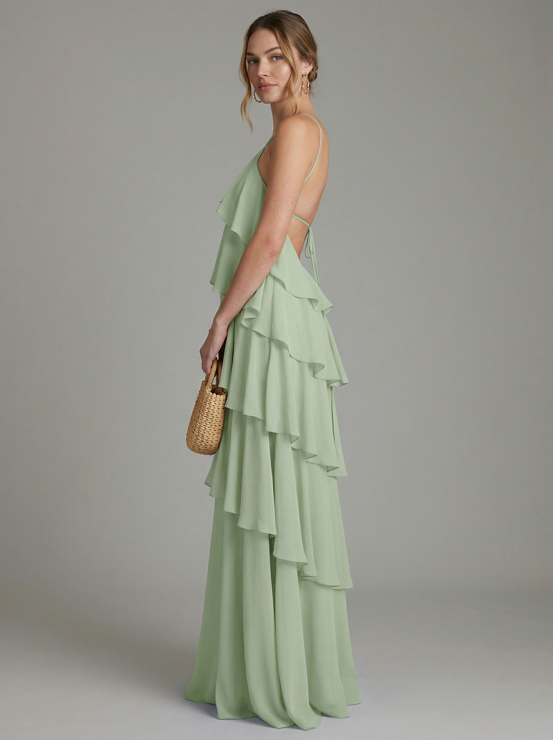 Coquette Dusty Sage Chiffon A-Line Halter neckline Backless with Cascading Ruffles Ankle-Length Bridesmaid Dress - Curvevia