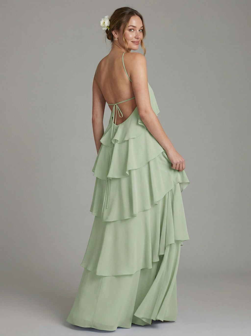 Coquette Dusty Sage Chiffon A-Line Halter neckline Backless with Cascading Ruffles Ankle-Length Bridesmaid Dress - Curvevia