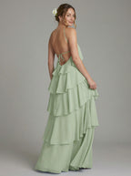 Coquette Dusty Sage Chiffon A-Line Halter neckline Backless with Cascading Ruffles Ankle-Length Bridesmaid Dress - Curvevia