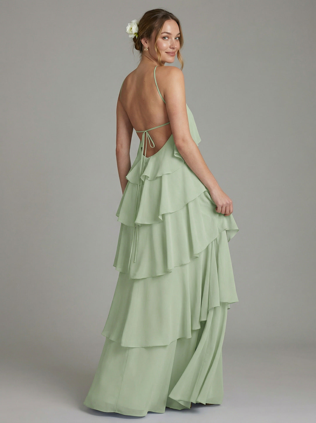 Coquette Dusty Sage Chiffon A-Line Halter neckline Backless with Cascading Ruffles Ankle-Length Bridesmaid Dress - Curvevia