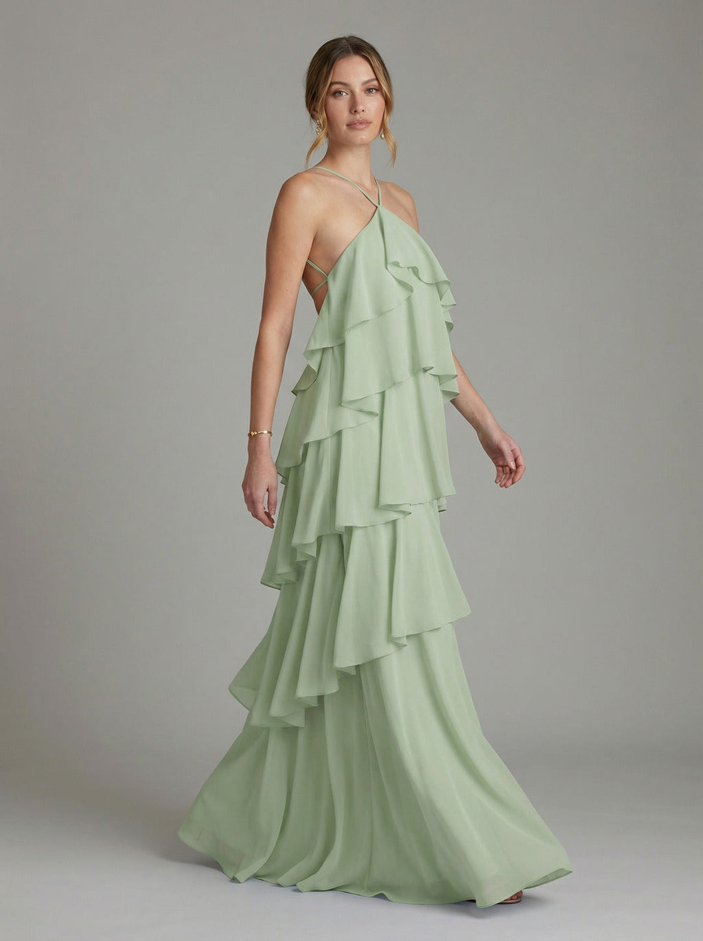Coquette Dusty Sage Chiffon A-Line Halter neckline Backless with Cascading Ruffles Ankle-Length Bridesmaid Dress - Curvevia
