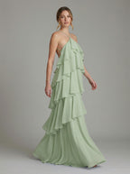 Coquette Dusty Sage Chiffon A-Line Halter neckline Backless with Cascading Ruffles Ankle-Length Bridesmaid Dress - Curvevia