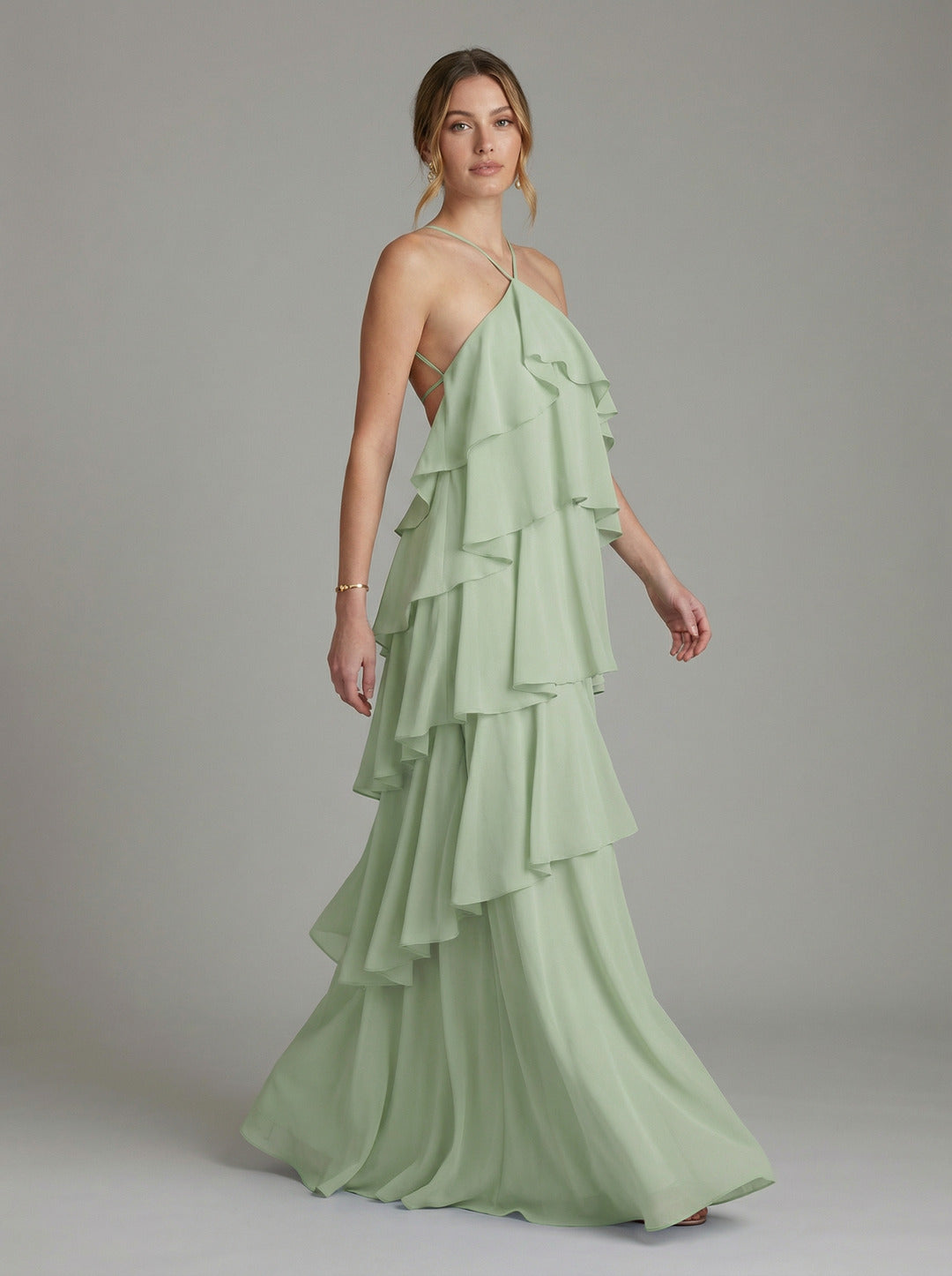 Coquette Dusty Sage Chiffon A-Line Halter neckline Backless with Cascading Ruffles Ankle-Length Bridesmaid Dress - Curvevia