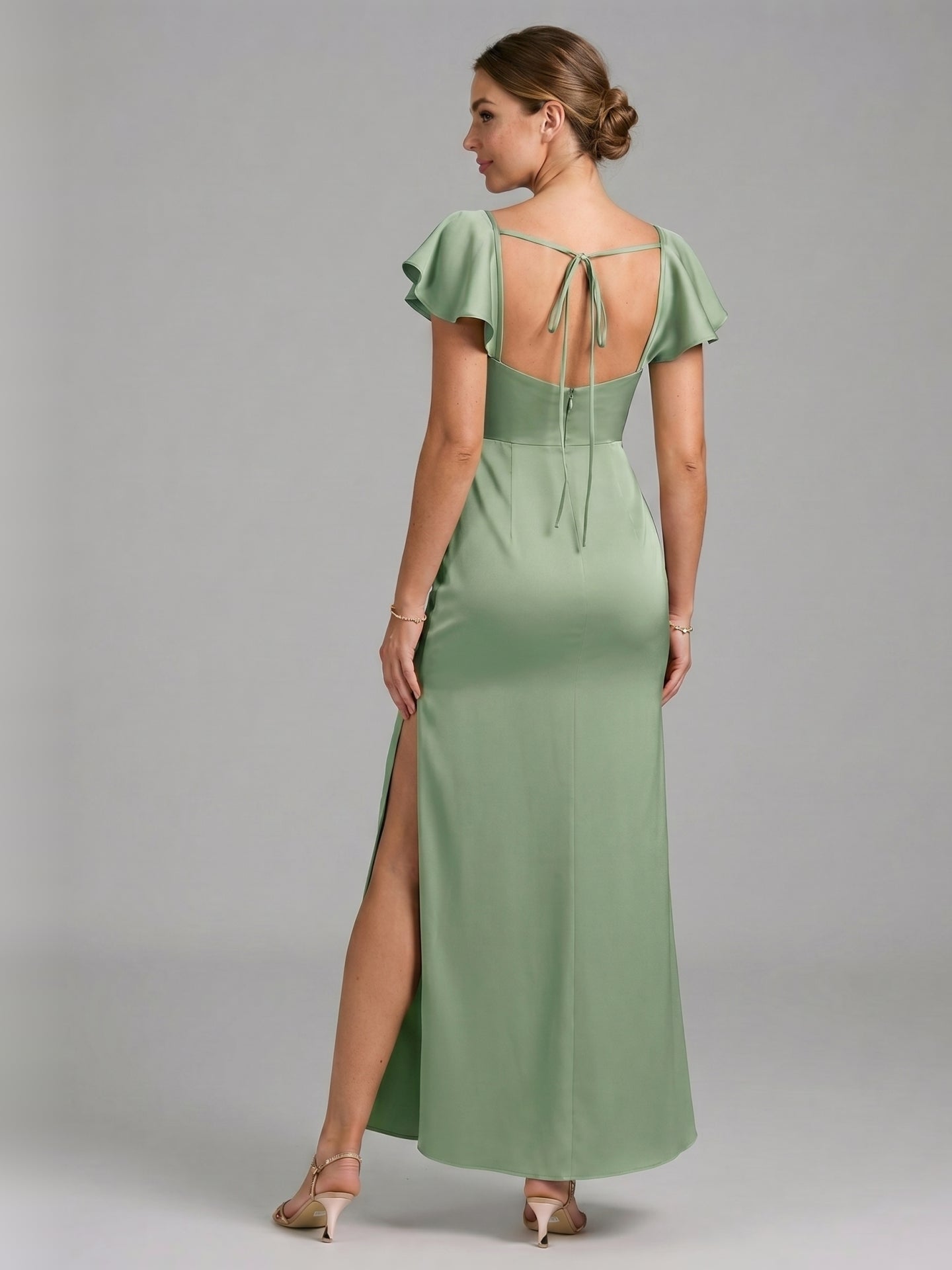 Coquette Dusty Sage Satin Sheath Sweetheart Backless Ankle-Length Bridesmaid Dress - Curvevia