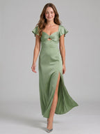 Coquette Dusty Sage Satin Sheath Sweetheart Backless Ankle-Length Bridesmaid Dress - Curvevia