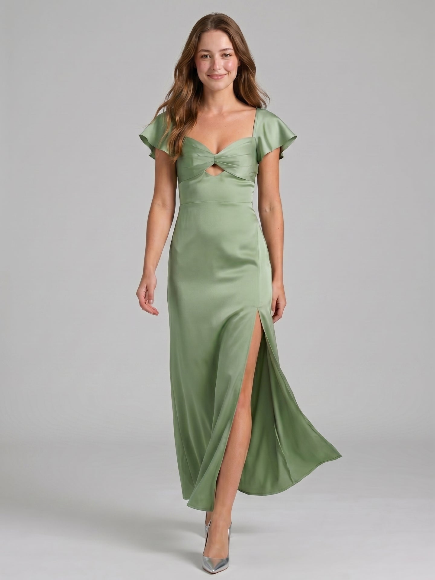 Coquette Dusty Sage Satin Sheath Sweetheart Backless Ankle-Length Bridesmaid Dress - Curvevia