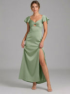 Coquette Dusty Sage Satin Sheath Sweetheart Backless Ankle-Length Bridesmaid Dress - Curvevia
