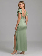 Coquette Dusty Sage Satin Sheath Sweetheart Backless Ankle-Length Bridesmaid Dress - Curvevia