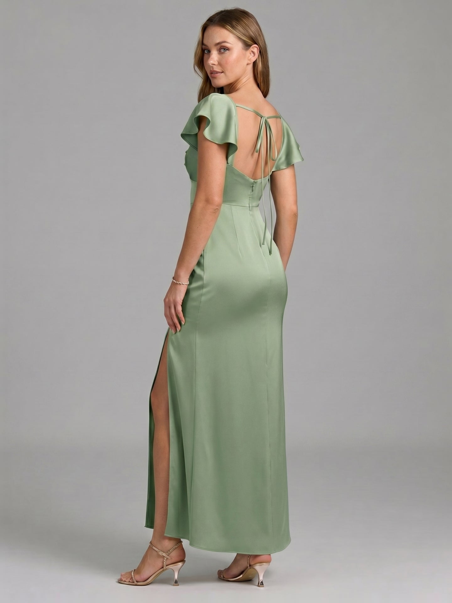 Coquette Dusty Sage Satin Sheath Sweetheart Backless Ankle-Length Bridesmaid Dress - Curvevia