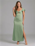 Coquette Dusty Sage Satin Sheath Sweetheart Backless Ankle-Length Bridesmaid Dress - Curvevia